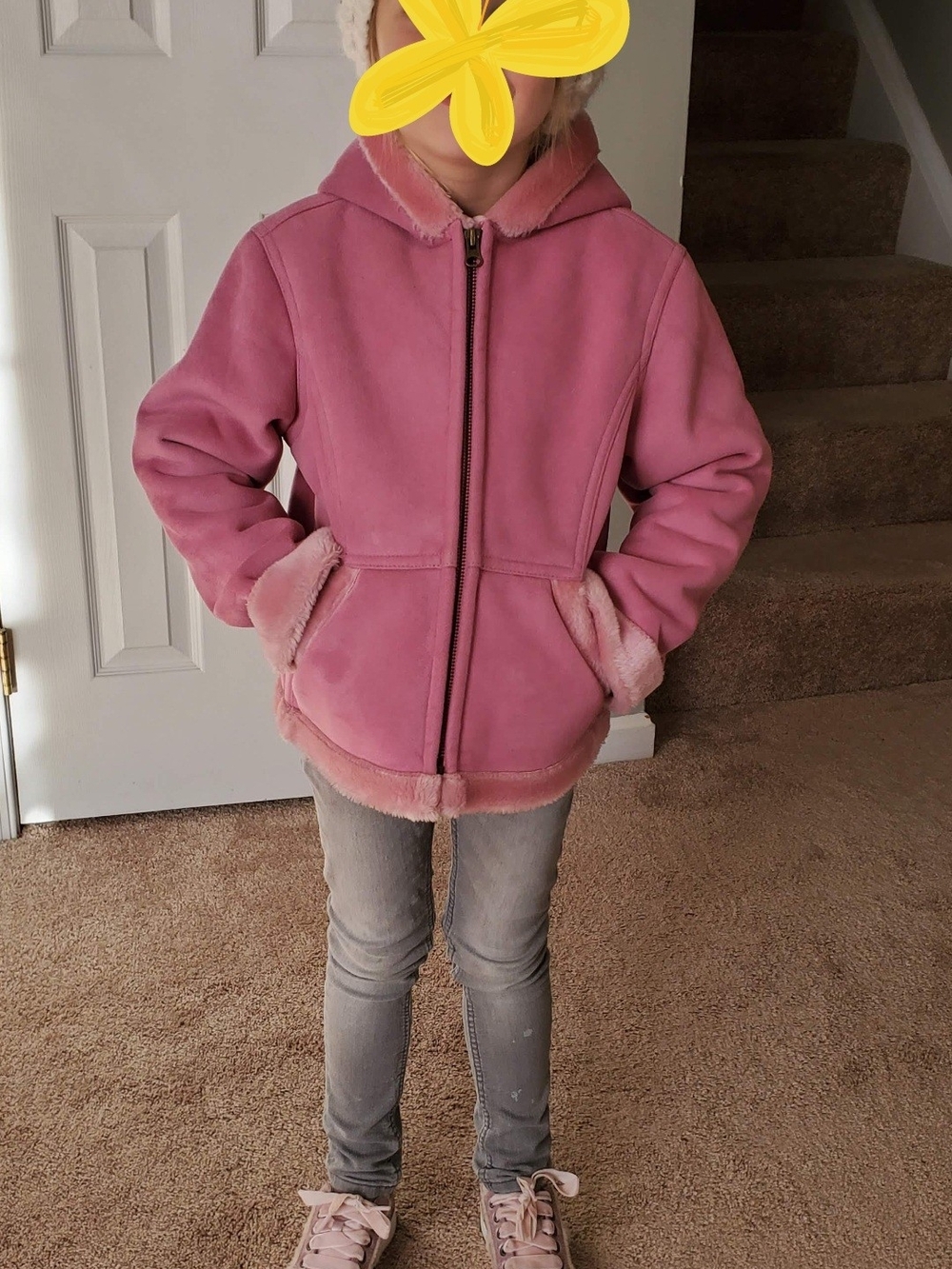 Pink Faux-Shearling Hooded Jacket, Girls Size S. Like New